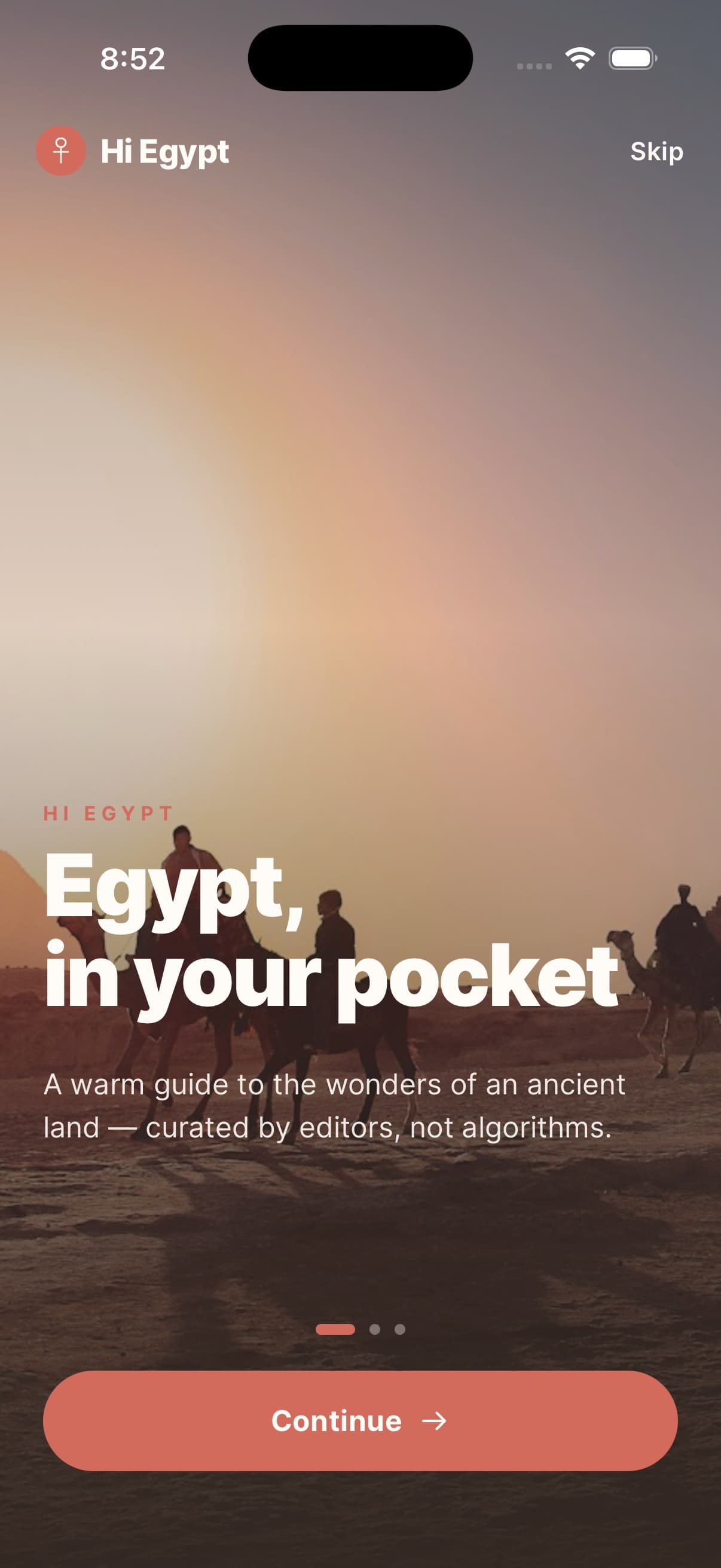 The Hi Egypt onboarding screen running in the iPhone simulator